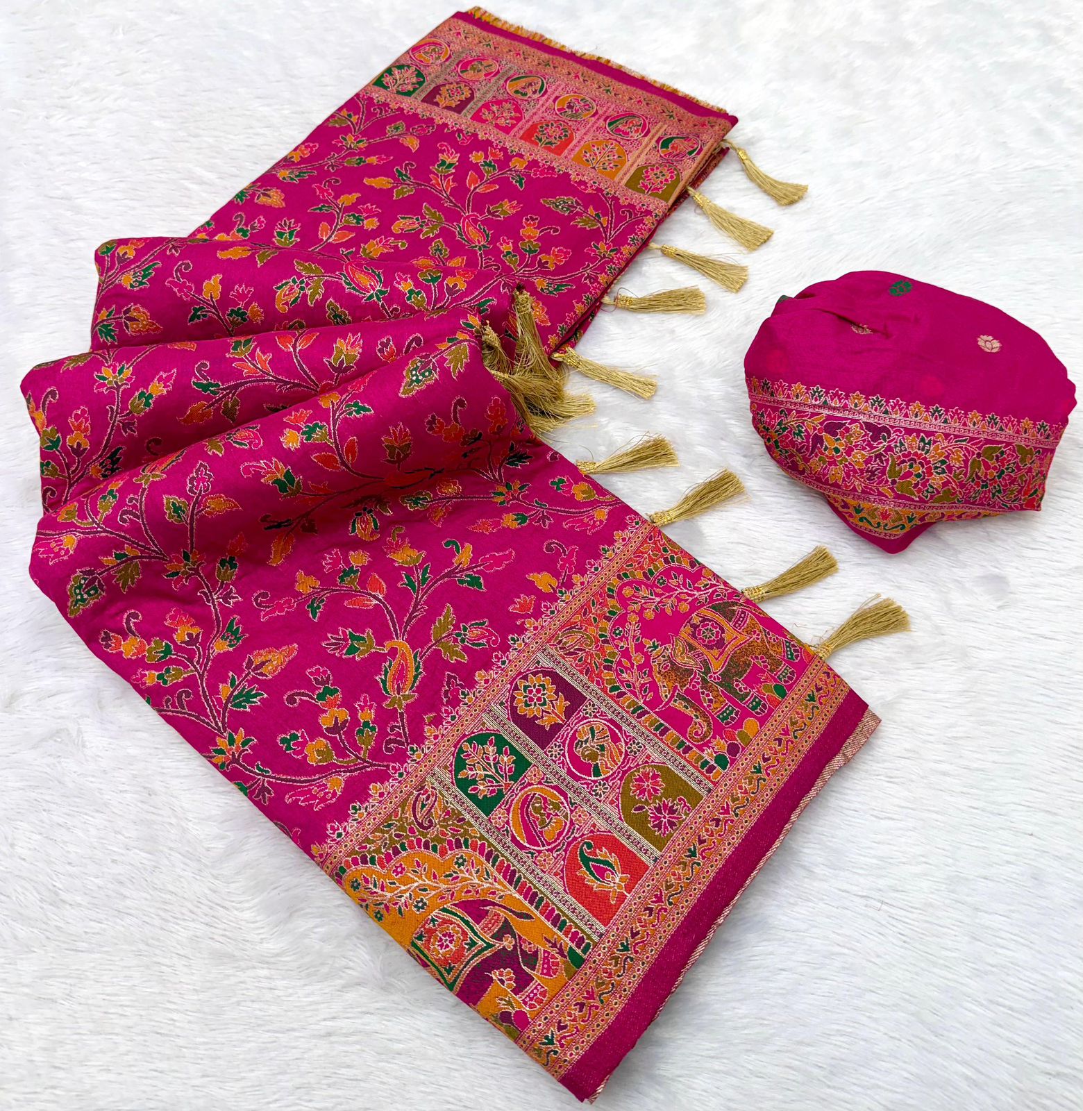 Rajwadi Pashmina Silk Saree with Kashmiri Weaving & Zari Border